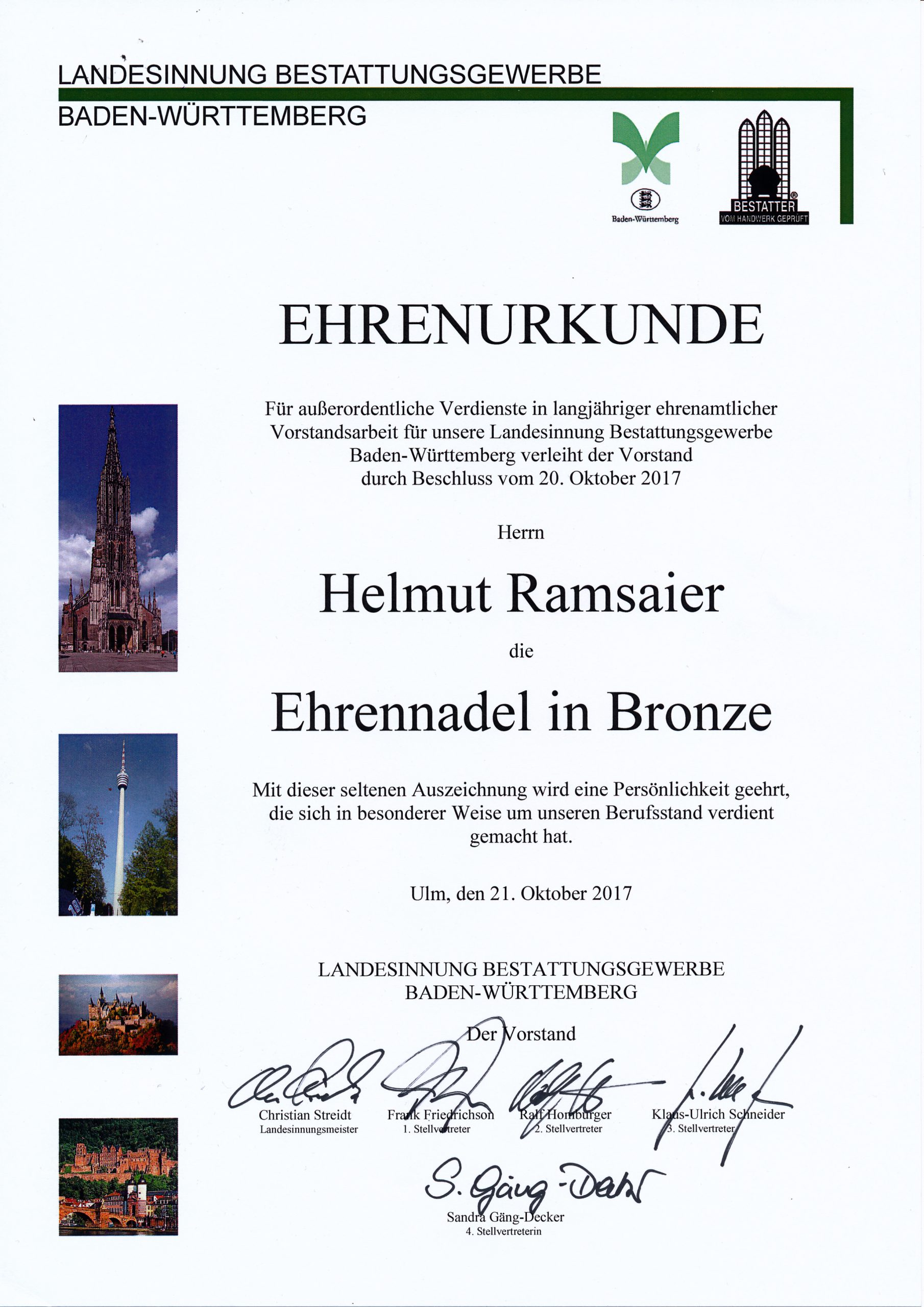 Ehrenurkunde Landesinnung Bestattungsgewerbe